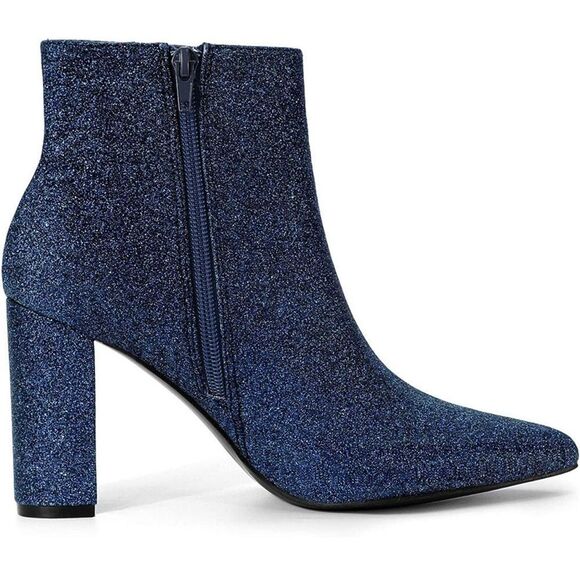 NWT Wool + Pepper Co. Navy Blue Glitter Pointed Toe Thick Heeled Booties - Picture 6 of 6